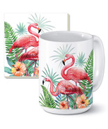 Pink Famingo Pair Ceramic 11 oz Coffee Mug Stone Coaster Gift Set - $33.94 CAD