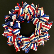 Patriotic Red Beige Blue Stripes and Stars Americana July 4 Wreath Door Decor - £42.47 GBP