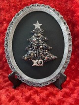 Vintage Jewelry Art Rhinestone Christmas Tree Oval Silver Tone Frame With Stand - £37.36 GBP