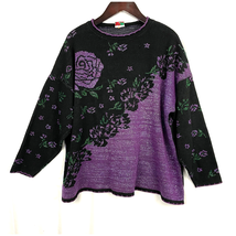 VTG NutCracker Black Purple Floral Glitter Crew Neck Knit Pullover Sweat... - £26.74 GBP