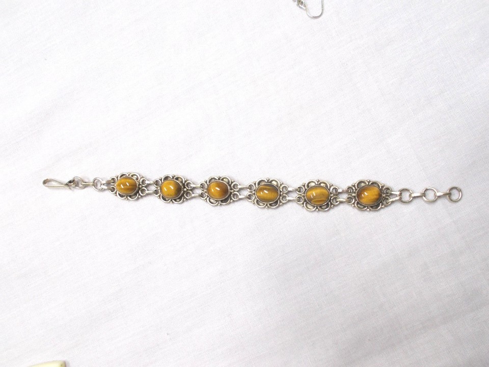 ESTATE STERLING SILVER w TIGERS EYE GEMS FLOWER DESIGN BRACELET ADJ SZ 7 - 8 Item image 3