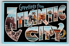 Greetings From Atlantic City NJ Large Letter Linen Postcard Lucy Elephant Piers - £9.40 GBP