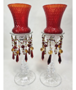 pair of vintage ruby red glass mantle luster candle holders with hanging... - $64.35