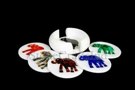 Marble Coaster Set, Elephants Inlay Coasters, (6 Coasters and 1 Holder) Handmade - £119.49 GBP