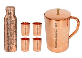 Pure Copper Hammered Bottle Water Pitcher Jug 4 Drinking Tumbler Glass Set Of 6 - £54.79 GBP