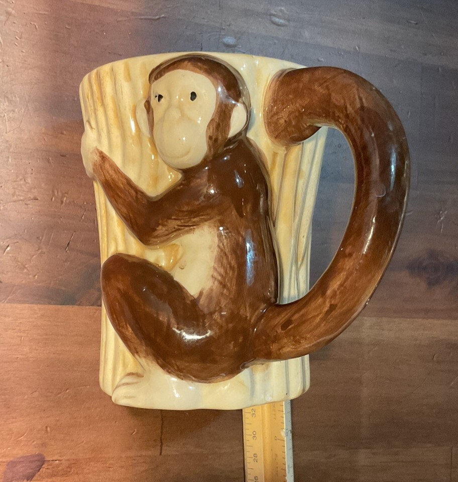 Pier 1 Imports Monkey Hug Mug  Hand Painted Dolomite Stoneware Chimp Tail Handle Item image 4
