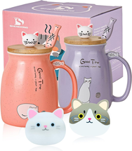 2 Pack Cat Mugs Cute Ceramic Coffee Cups Set of 2 with Kawaii Bamboo Lid and Spo - £19.36 GBP