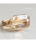 Crystal Gold Ring Champagne Rectangle Wire Wrapped - $108.92 CAD