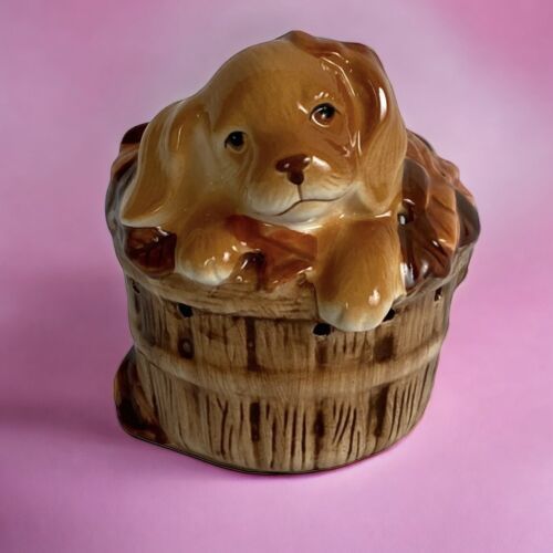 Avon Basket Of Fun Ceramic  Pup Puppy Dog fall autumn Leaves Promander - $19.35