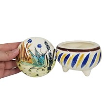 Mexican Folk Art Pottery Trinket Dish Jar With Lid Tonala Blue Bird Feet... - $14.94