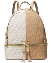 Michael Kors Rhea Zip Md Backpack Vanilla Tan Mk Logo Travel School Bagnwt! - £182.59 GBP