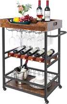 X-Cosrack Bar Cart With Wine Rack,Mobile Kitchen Serving Cart With, Rustic Brown - £93.51 GBP