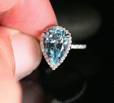Pear Cut Blue Aquamarine Diamond Halo Engagement Bridal Ring 14k White Gold Over - £105.10 GBP