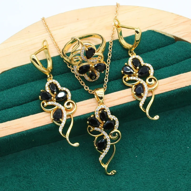 Personalized Set for Women Wedding Black Zircon Bracelet Earrings Necklace Penda - £26.37 GBP