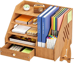 Wooden Desk Organizer with File Holder, 4-Tier Paper Letter Tray Organizer with  - £26.30 GBP