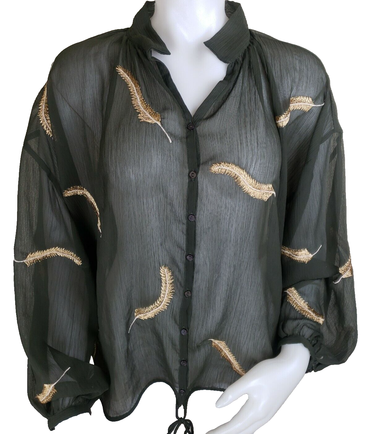 Primary image for Miss Me Sheer Blouse Womens M Olive Green Gold Embroidered Feather 3/4 Sleeve