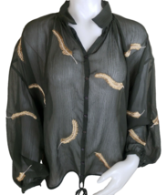 Miss Me Sheer Blouse Womens M Olive Green Gold Embroidered Feather 3/4 S... - $22.29
