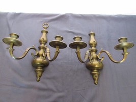 Pair of Solid Brass Two Arm Wall Sconces Candle Holders One with Mounting - £69.35 GBP