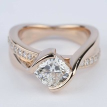 1.5 CT Cushion Cut Moissanite Ring Half Bezel Set Diamond Bridge Engagement Ring - £141.16 GBP