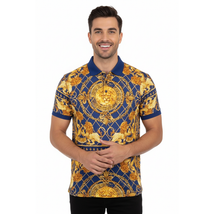 Mens PLATINI Sports Polo Shirt With Rhine Stones Lion Medallion DPP8247 Navy image 6