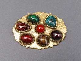 Accessocraft NYC Signed Vintage Gold Tone Multicolor Cabochon Brooch Pin Pendant - £119.89 GBP