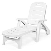 5 Position Adjustable Folding Lounger Chaise Chair on Wheels - Color: White - £148.66 GBP