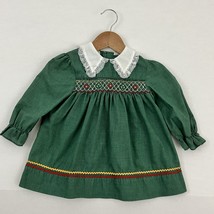 Vintage Polly Flinders Girl&#39;s 3T Dress Green Smocked White Lace Collar - £10.18 GBP