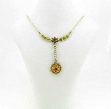 14k Gold Victorian Lavaliere Necklace w/ Seed Pearls Lab-Created Rubies (#J4514) - £431.49 GBP