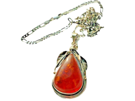 Large Sterling Silver Amber Pendant Orchids Pattern On 23 1/2” 3 Mm Figaro Chain - £55.00 GBP