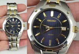 Seiko Quartz Watch 7N42-0EH0 Men 100m blue gold silver Tone Stainless Steel Date - $62.99