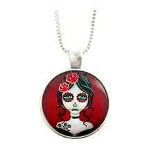 Necklace Dia De Muertos Sugar Skull Girl Domed Glass Cabochon 20&quot; Sterling Chain - £7.62 GBP