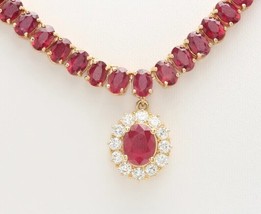 Donna Ciondolo Collana 15CT Ovale Rosso Rubino &amp; Diamante 925 Giallo Argento - £263.49 GBP