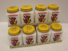 Vintage Tipp USA flower spice set yellow lids and metal rack 8 piece milk glass - £119.08 GBP