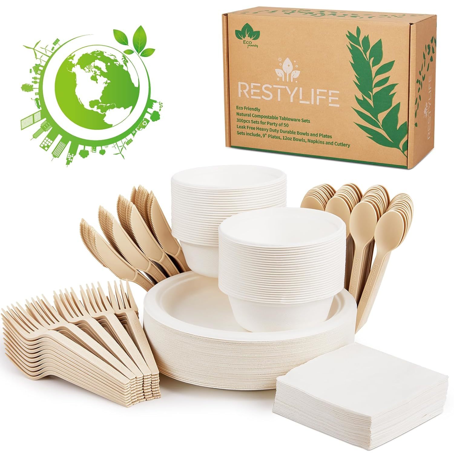 300Pcs Compostable Paper Plates Set - Heavy-Duty Biodegradable Plates, Bowls & C