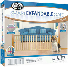 Four Paws Smart Expandable Extra Wide Wood Gate - Varnished Wood Frame, ... - £90.65 GBP