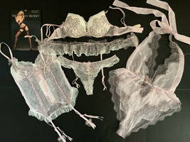 Victoria&#39;s Secret 34B Bra Set+Garter Corset+M Teddy White Ice Pink Black Lace - £254.87 GBP