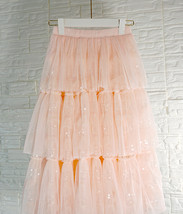 Blush Sparkly Layered Tulle Skirt Outfit Women Plus Size Party Tulle Midi Skirt image 2