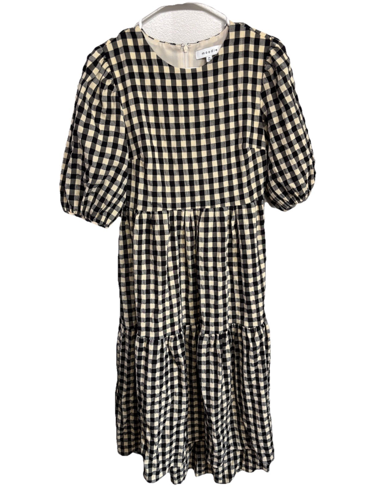 Moodie Cottagecore Gingham Midi Dress XS Black Ivory Puff Sleeve Tiered ... - $30.40