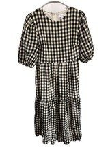 Moodie Cottagecore Gingham Midi Dress XS Black Ivory Puff Sleeve Tiered ... - $30.40