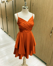Short Burnt Orange Satin Cocktail Dresses V-neck Semi Formal Dress - £102.21 GBP