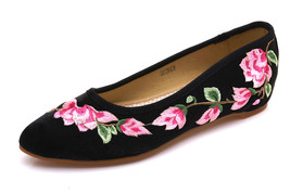 Flower Embroidered Women Velvet Cotton Fabric Ballet Flats Pointed Toe Slip on C - £20.73 GBP