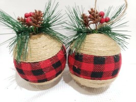 Christmas Buffalo Check Ball Black Red Jute fabric Ornaments Set of 2 - £14.00 GBP