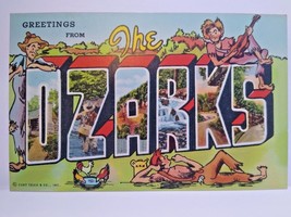 Greetings From Ozarks Missouri Large Letter Postcard Linen Barefoot Men Guitar - £6.39 GBP