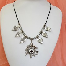 Evil Eye Tree of Life Pendant Necklace Silver Tone Black Cord Statement ... - $18.95