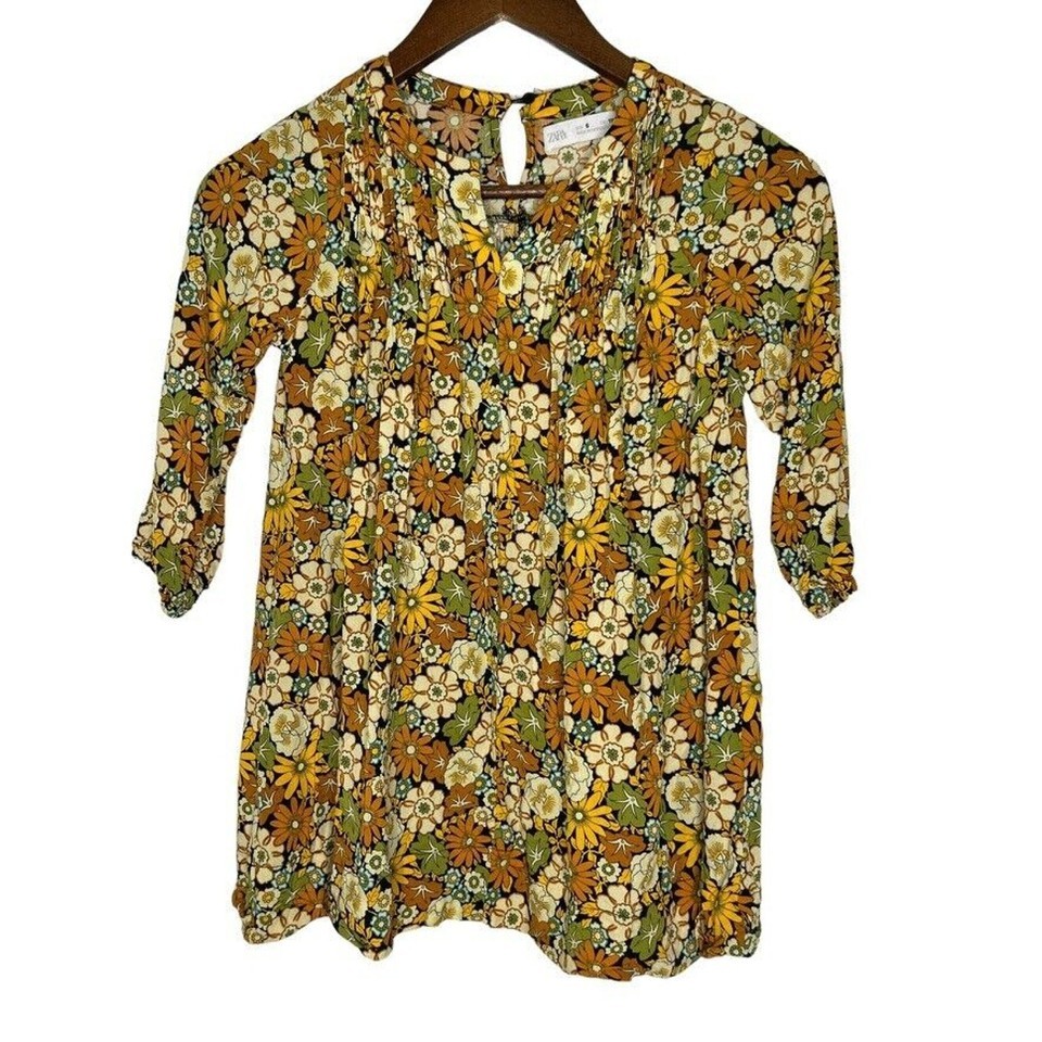 Zara Multicolored Floral Print Pleated Front Long Sleeve Blouse Size 6 W... - $16.00