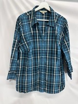 St Johns Bay Blue, Black Plaid Stretch Cotton Collared Blouse Top 2X - $18.78