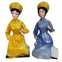 2 Seated Bup be Ba mien Vietnamese Dolls in Silk 1970s Missing instrumen... - $38.69