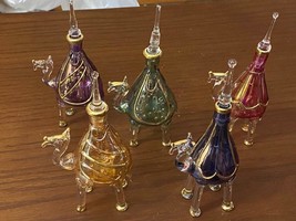 Set of 5 Mouth blown EGYPTIAN PERFUME BOTTLES Pyrex Glass CAMEL Shape 5.2&quot; - £59.86 GBP