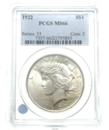 1922 $1 Silver Peace Dollar Graded by PCGS as MS66 High Grade Uncirculated - $987.20 CAD
