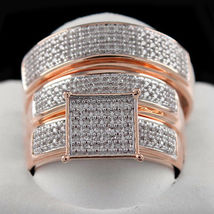 Simulated Diamond 14K Rose Gold Finish Bride Groom Wedding Ring Trio Bridal Set - £89.68 GBP